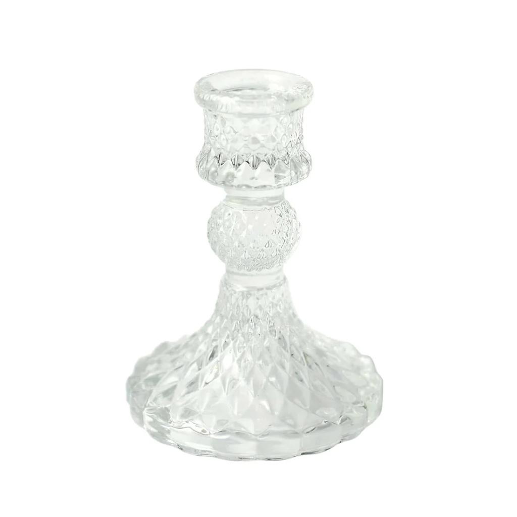 Glass Diamond Pattern Candlestick Holder 4" — Clear