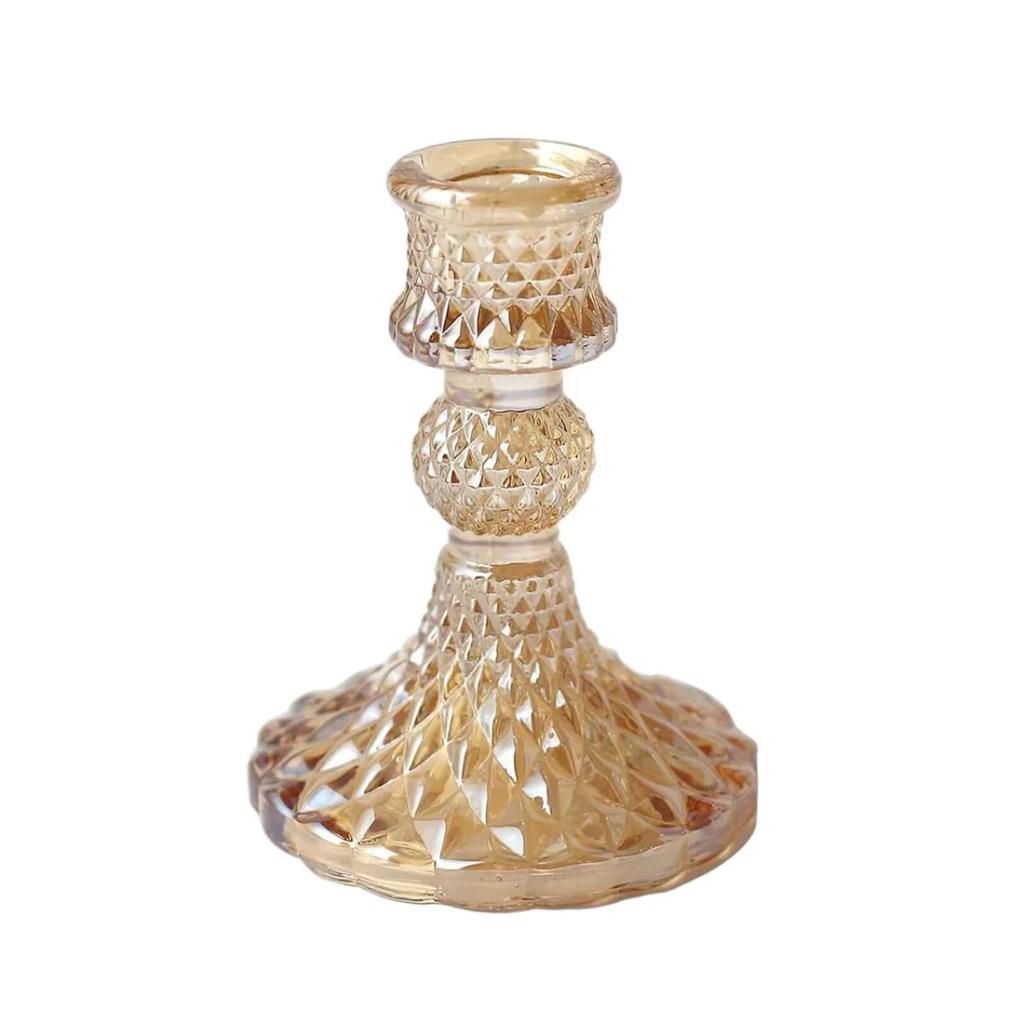 Glass Diamond Pattern Candlestick Holder 4" — Gold