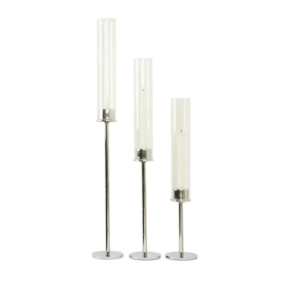 Metal Hurricane Candlestick Holders — Silver